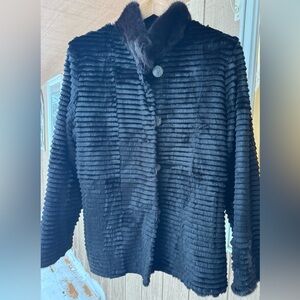 Reversible Silk Ribbon Croquet Rabbit Fur Jacket Mink Floral Rosette M Vintage